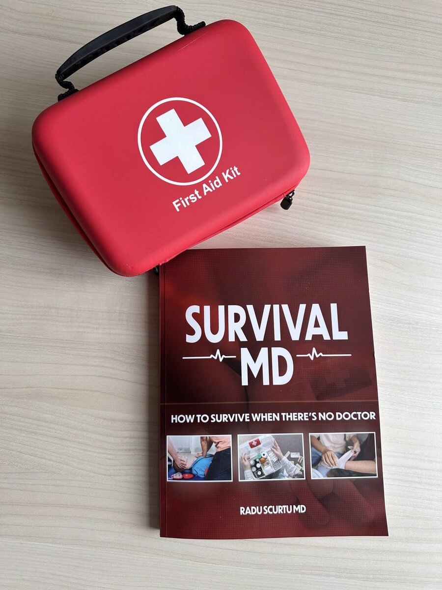 The printed Survival MD book next to a first aid kit