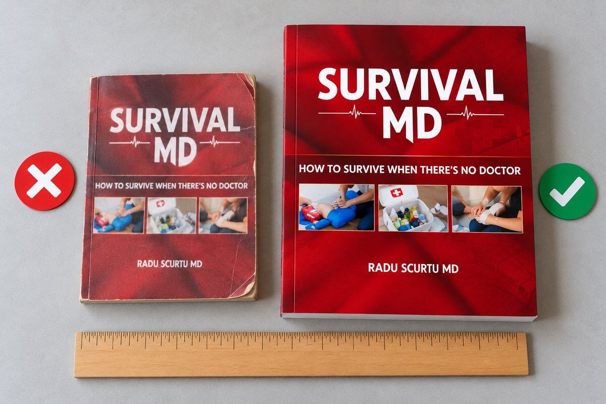 A small, blurry knockoff copy of Survival MD marked with a red X next to the large genuine full-color edition marked with a green check, above a ruler