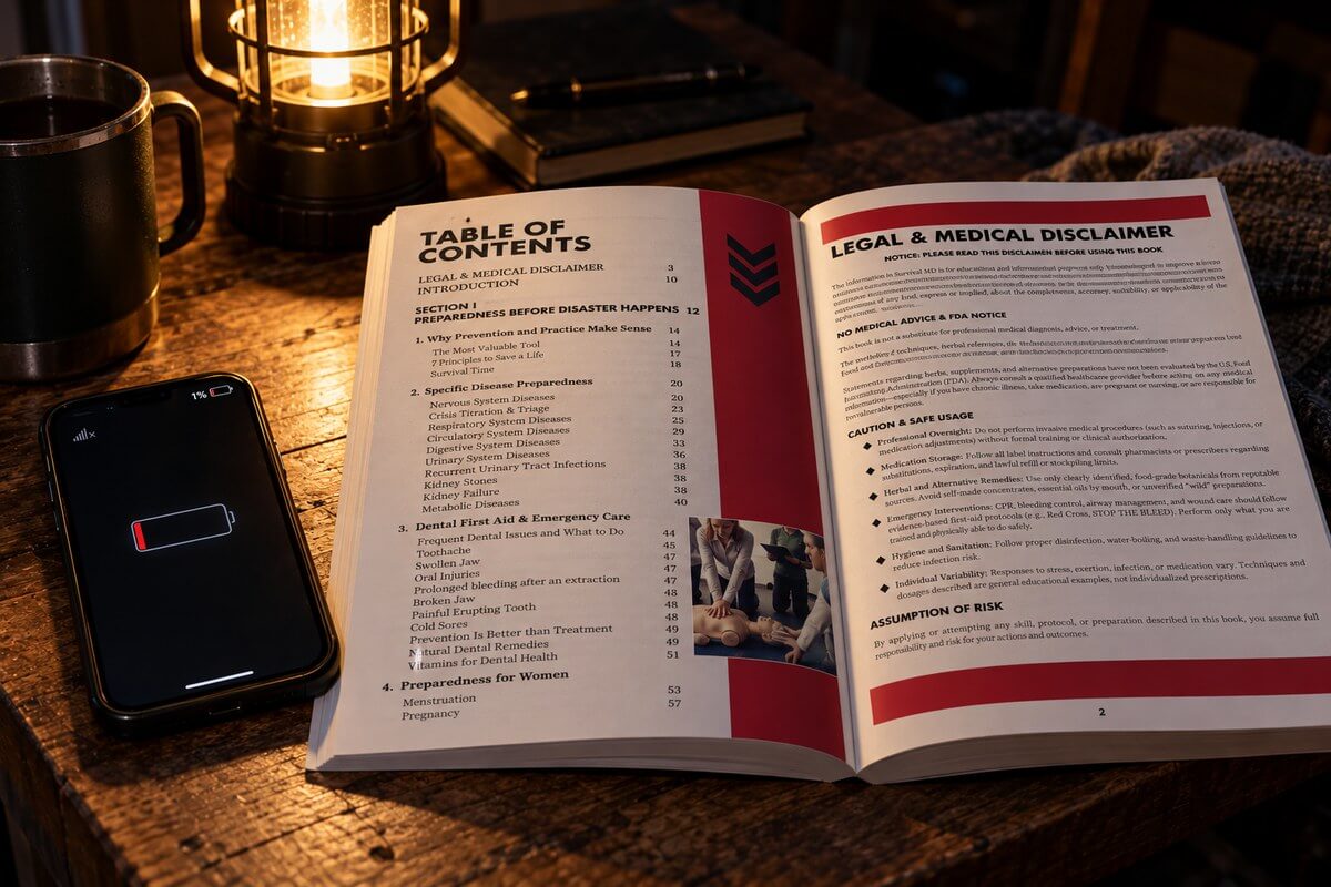 A phone with no signal beside the Survival MD book opened to an emergency page