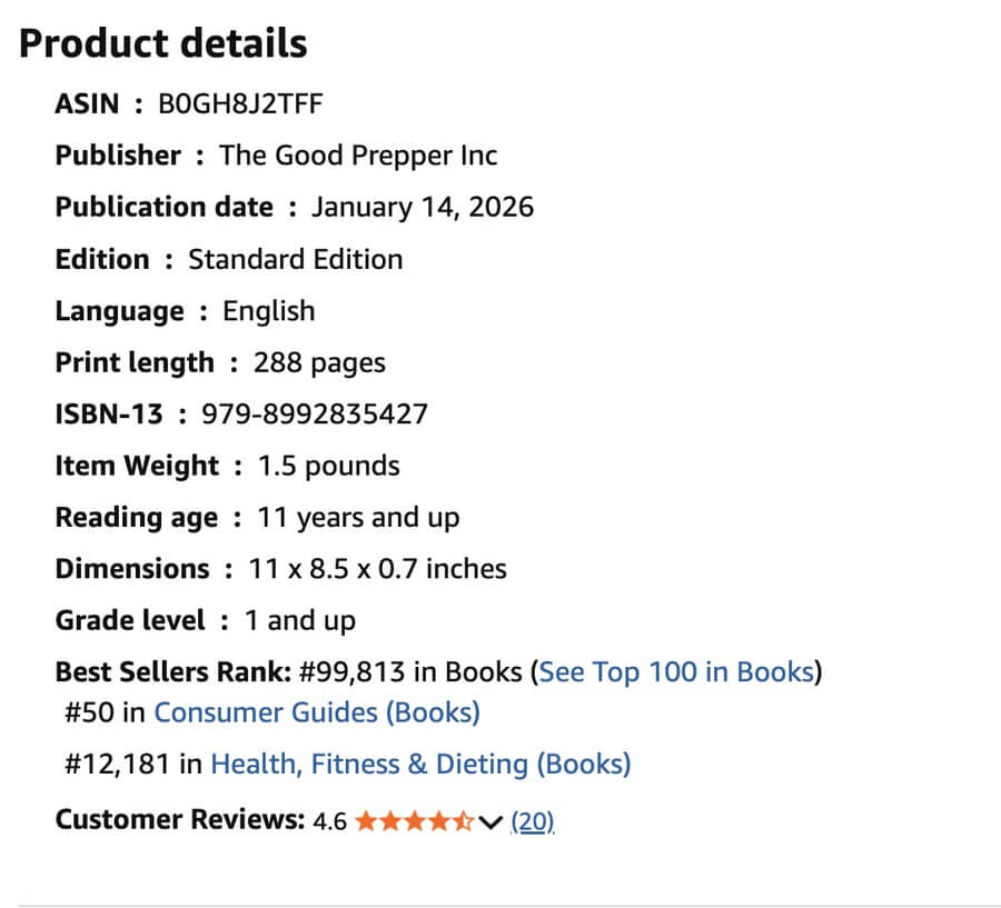 Survival MD Amazon product details: 288 pages, 11 x 8.5 x 0.7 inches, publisher The Good Prepper Inc