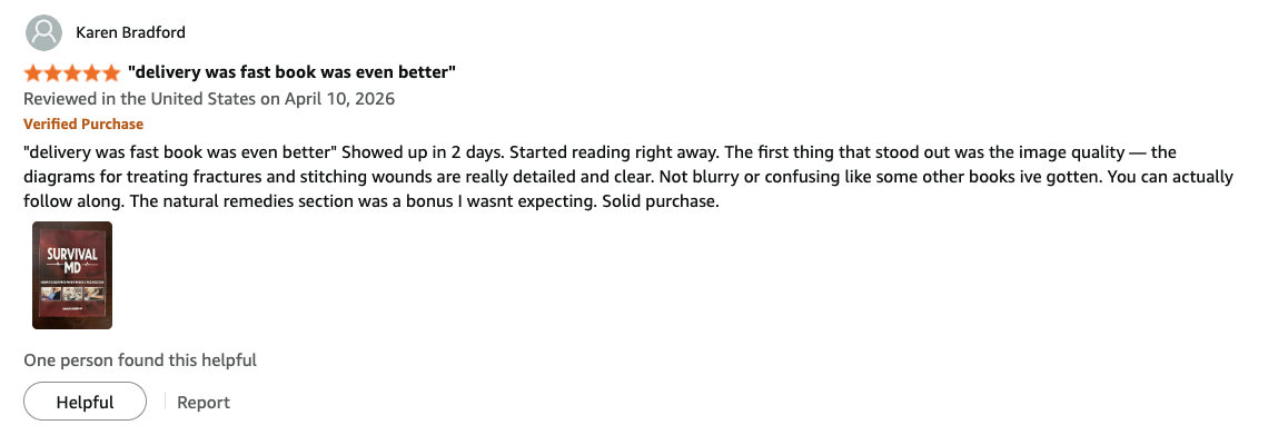 Amazon verified purchase review of Survival MD by Karen Bradford praising the diagrams and fast delivery