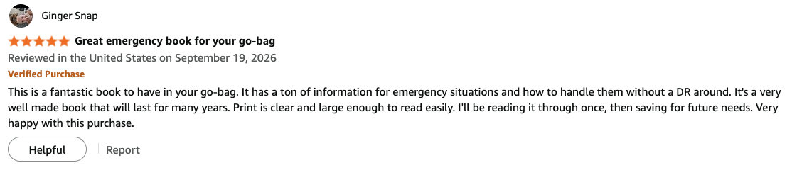 Amazon verified purchase review of Survival MD by Ginger Snap: great emergency book for your go-bag