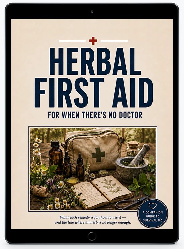 Herbal First Aid For When There's No Doctor, a free Survival MD bonus guide, shown on a tablet