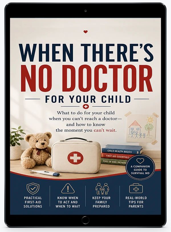 When There's No Doctor For Your Child, a free Survival MD bonus guide, shown on a tablet