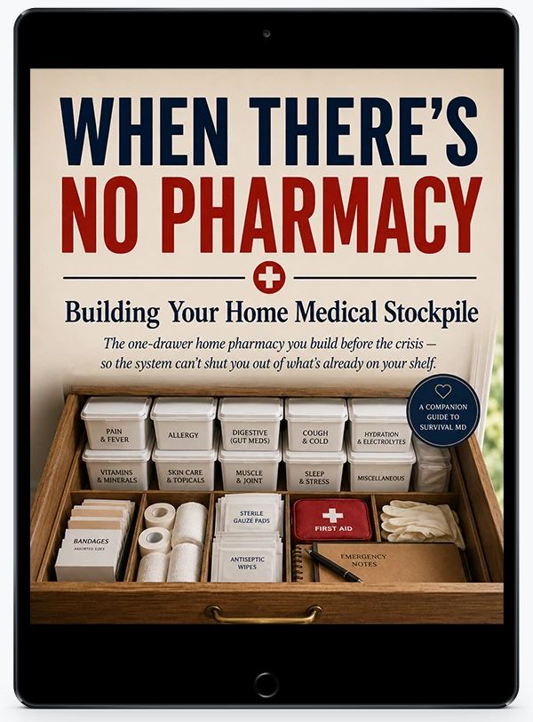 When There's No Pharmacy: Building Your Home Medical Stockpile, a free Survival MD bonus guide, shown on a tablet