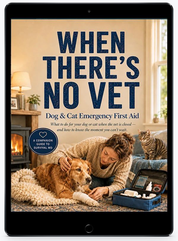 When There's No Vet: Dog & Cat Emergency First Aid, a free Survival MD bonus guide, shown on a tablet