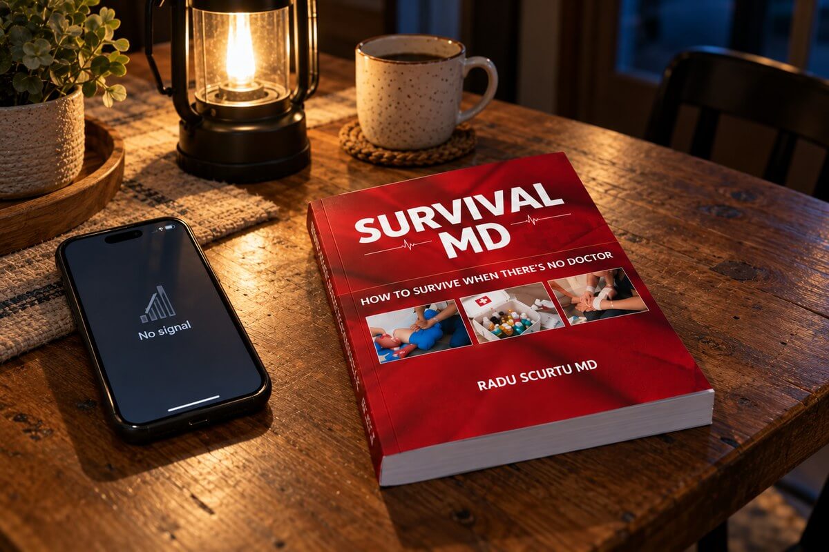 Phone showing no signal next to the Survival MD printed book