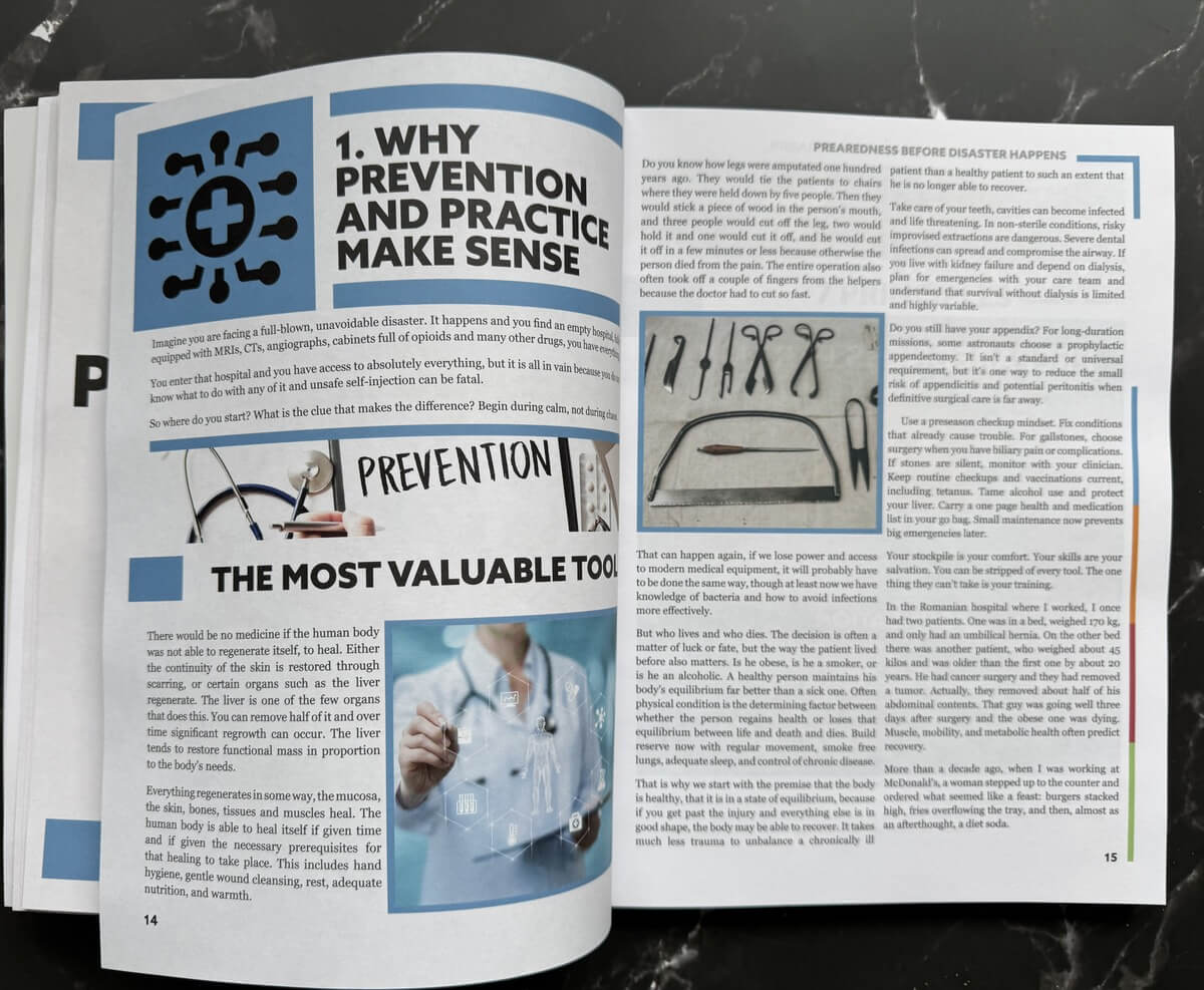 Survival MD printed book by Dr. Radu Scurtu opened to an emergency chapter