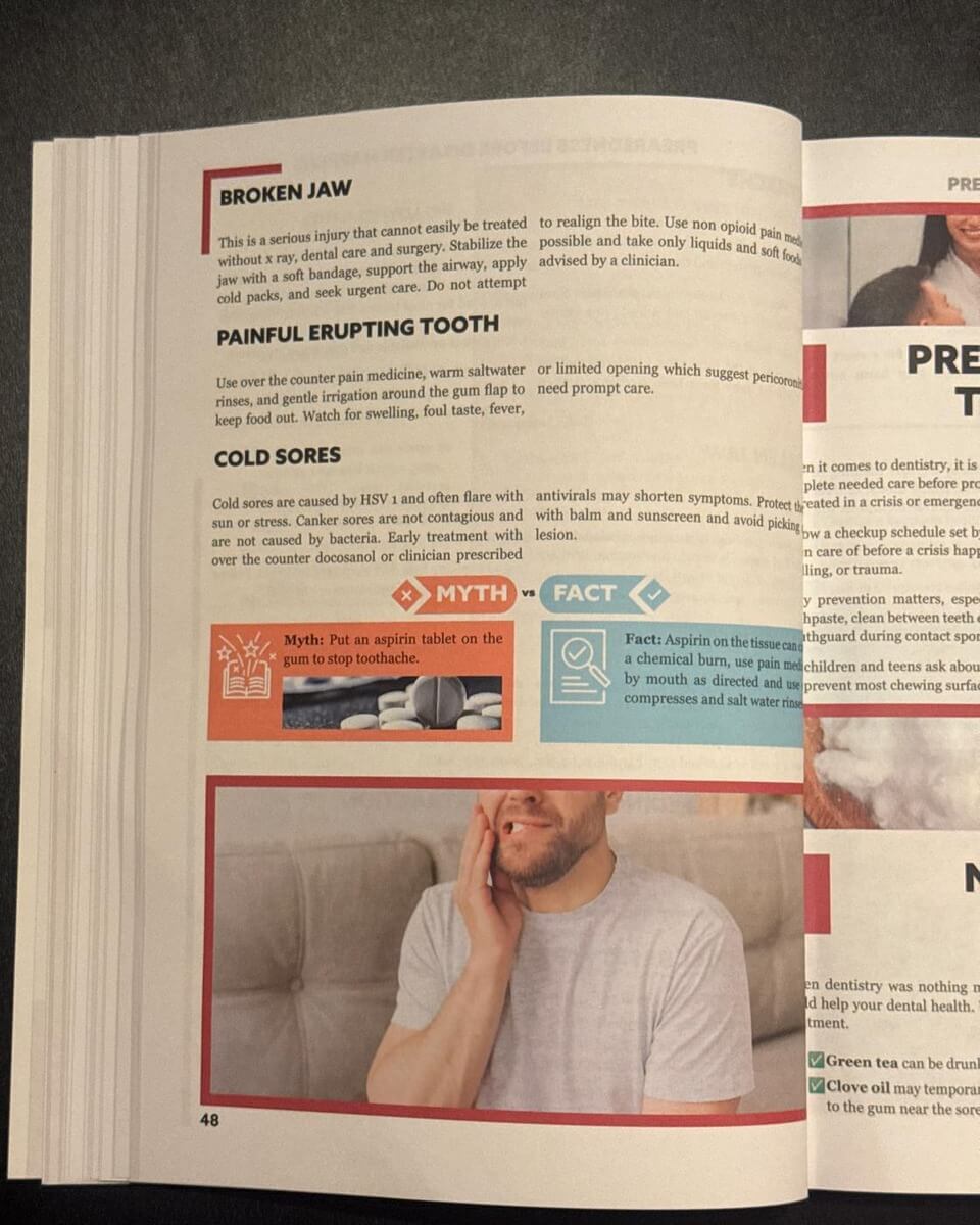 Dental first aid page from Survival MD covering broken jaw, erupting teeth and cold sores