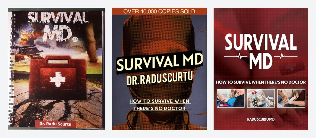 The three editions of Survival MD side by side: the spiral-bound first edition, the second edition and the current full-color edition