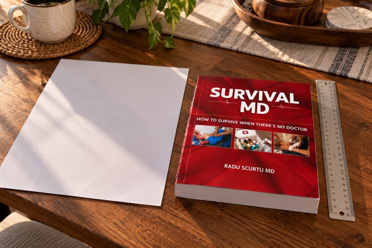The genuine Survival MD book next to a ruler, showing its full 11 x 8.5 inch letter size