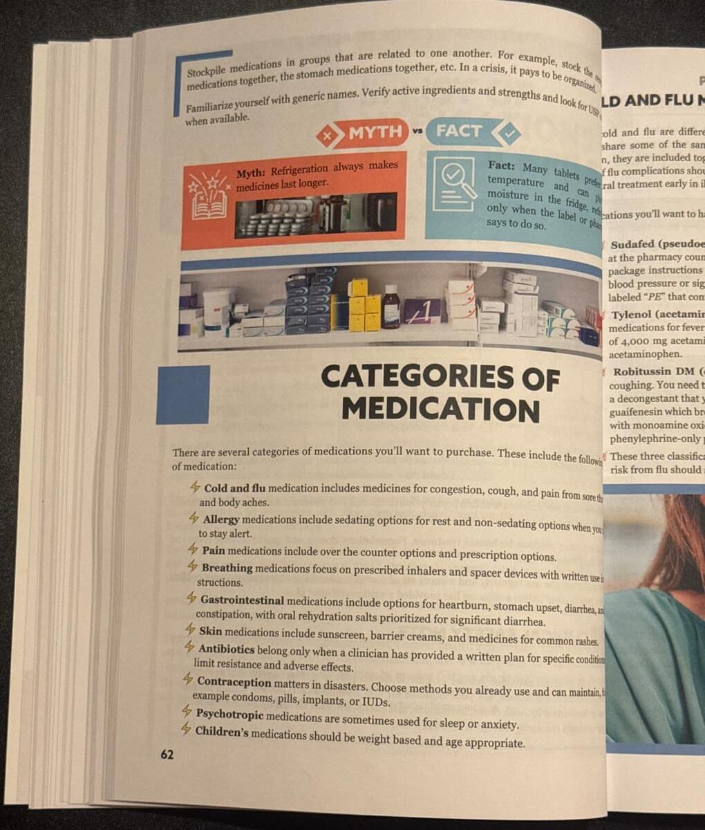 A genuine full-color page from Survival MD with a Myth vs Fact box, a color photo and the Categories of Medication section