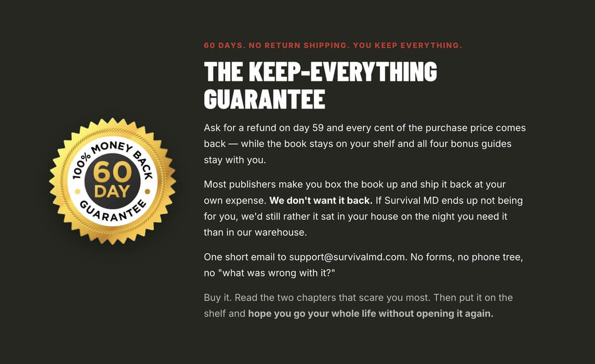 The Survival MD Keep-Everything Guarantee on the official offer page: 60 days, no return shipping, keep everything