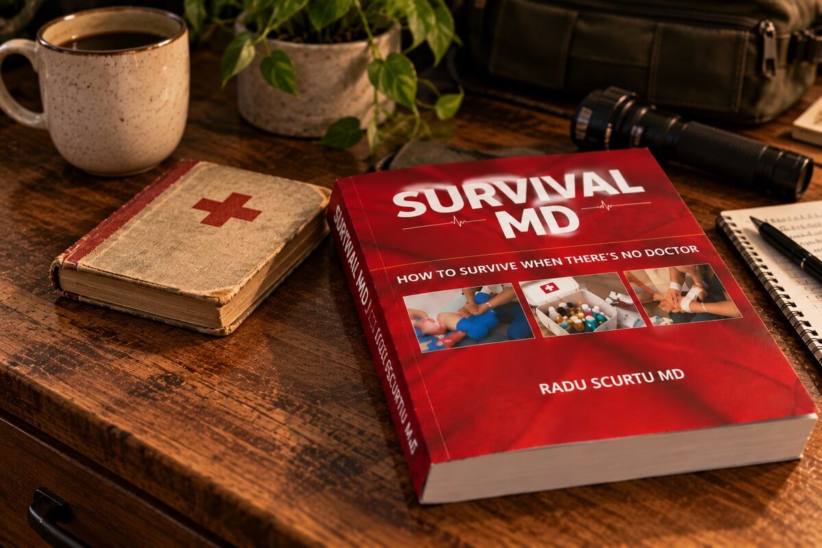 A small traditional first aid book next to the large, full-color Survival MD