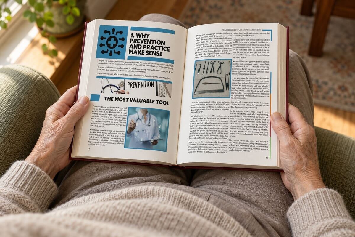 Older adult reading Survival MD at home