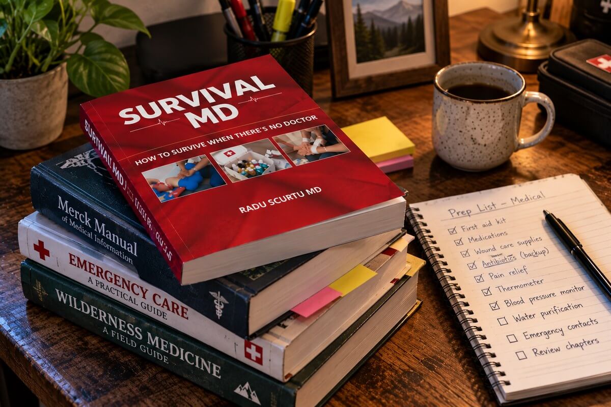Several emergency medical books on a desk being reviewed with a checklist, with Survival MD on top