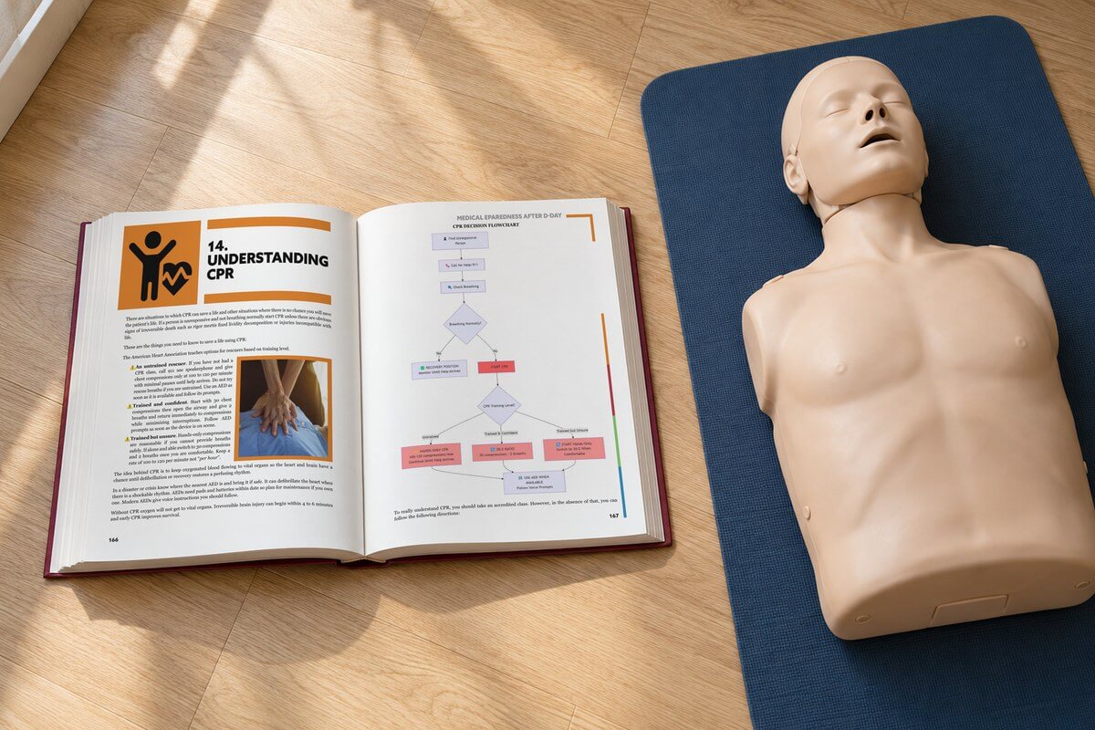 Survival MD open next to a CPR training mannequin