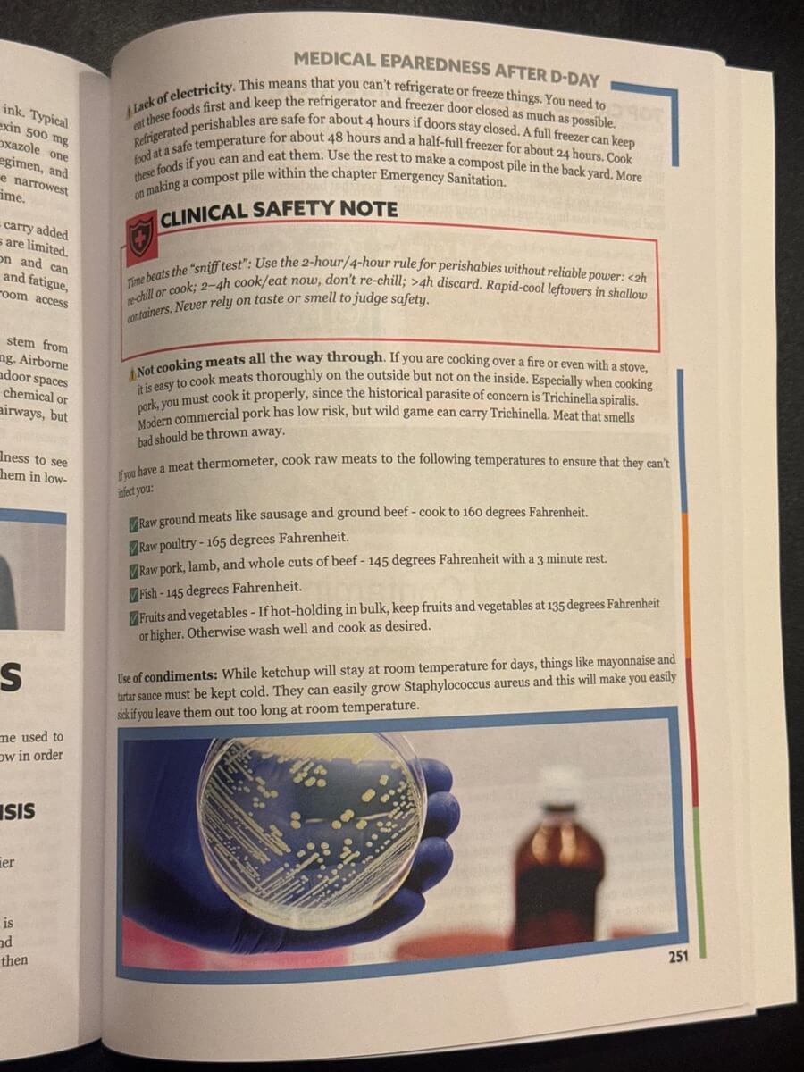 Close-up of a Survival MD Clinical Safety Note showing crisp, sharp italic text and a red shield icon