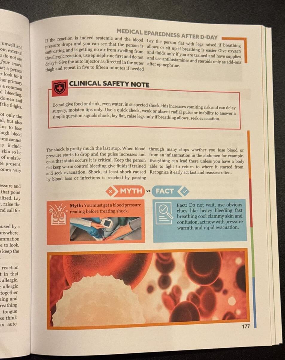 Survival MD page on shock with a Myth vs Fact box about blood pressure readings