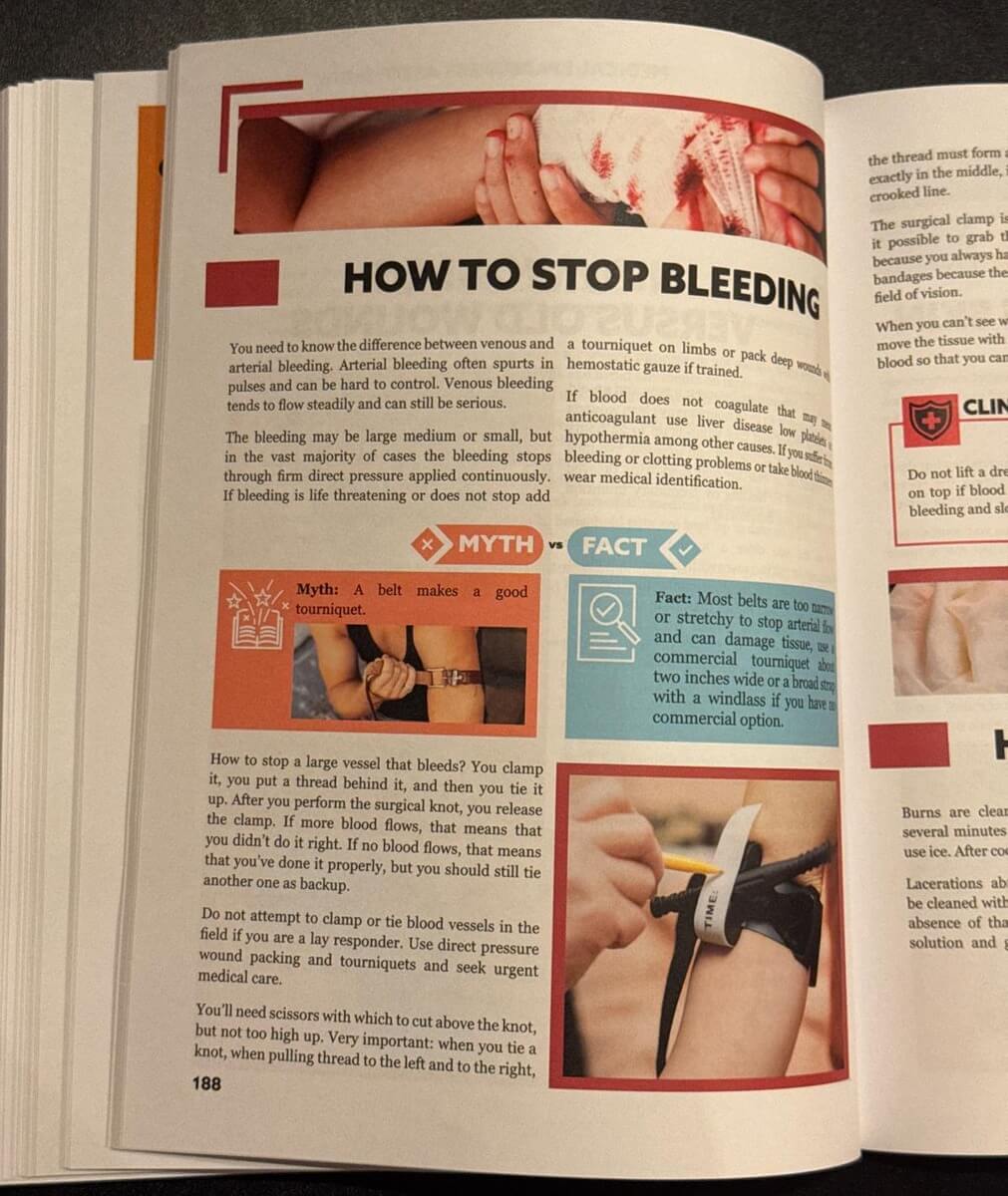 How to Stop Bleeding page from Survival MD with a Myth vs Fact box about tourniquets
