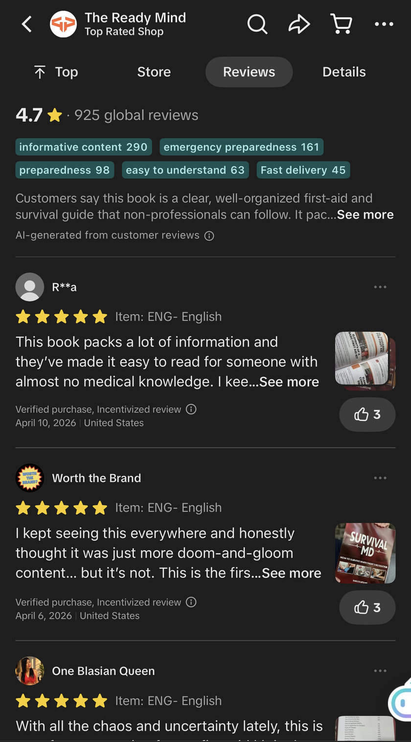 Survival MD on TikTok Shop with a 4.7 star rating from 925 global reviews and the most common review tags