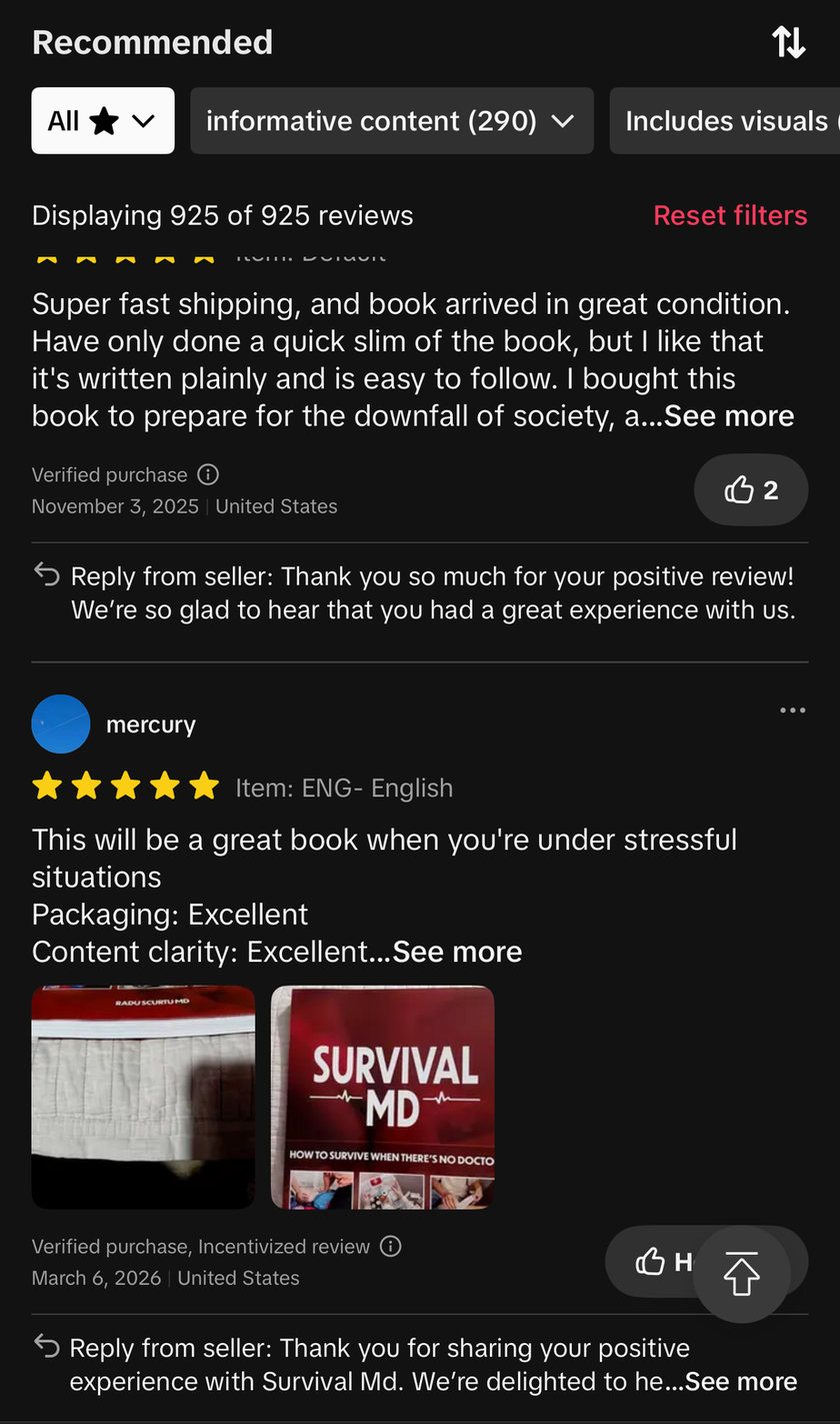 TikTok Shop reviews of Survival MD mentioning fast shipping, excellent packaging and content clarity
