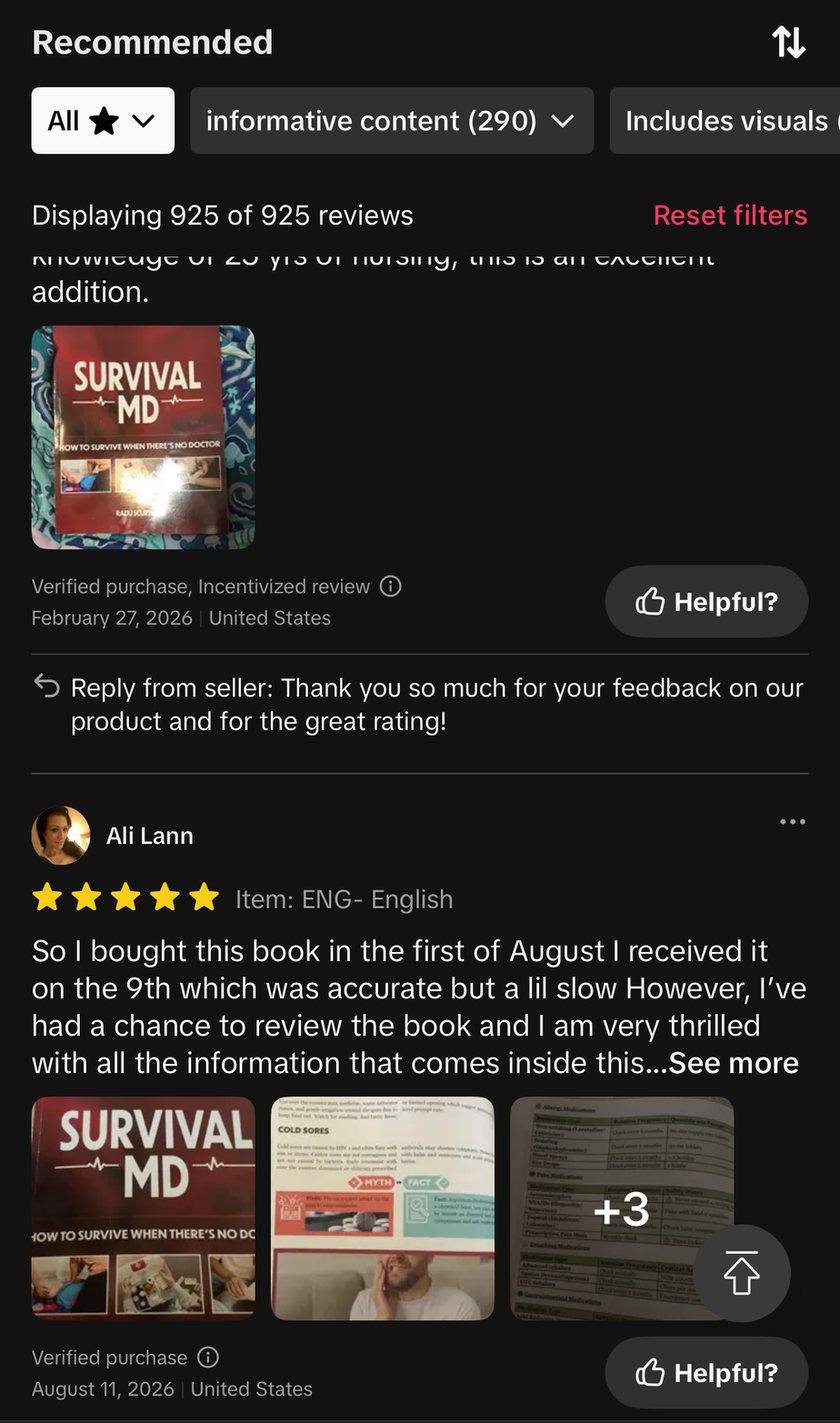 TikTok Shop reviews of Survival MD from a nurse with 25 years of experience and a buyer impressed by the content