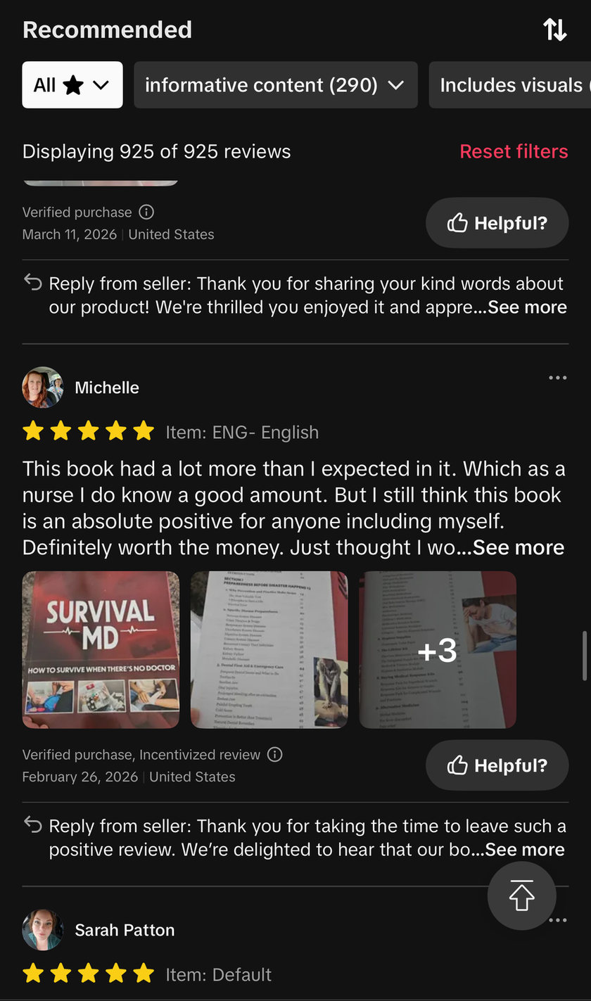TikTok Shop review of Survival MD by a nurse saying it had more than expected and is worth the money