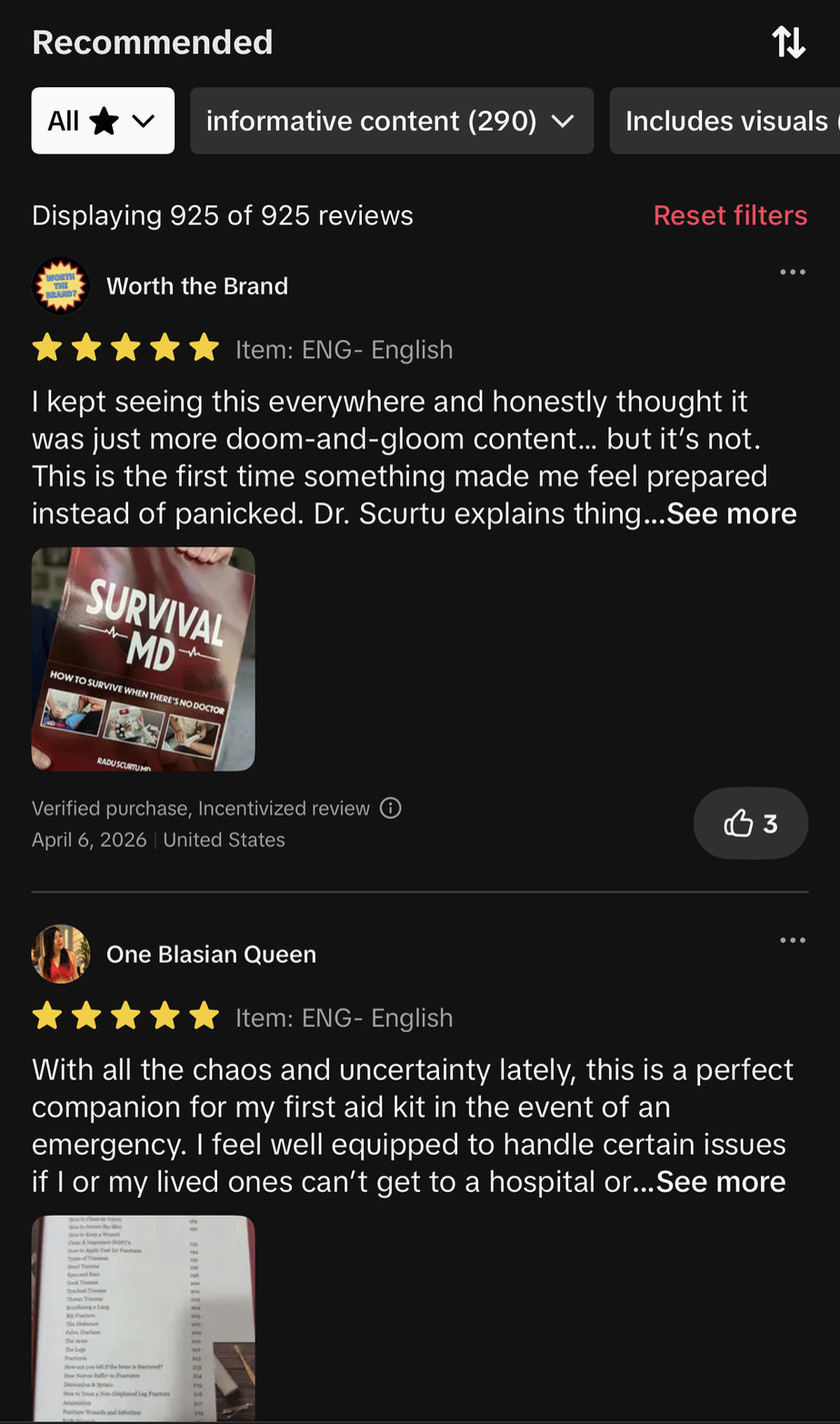 TikTok Shop reviews of Survival MD saying it made the reviewer feel prepared instead of panicked