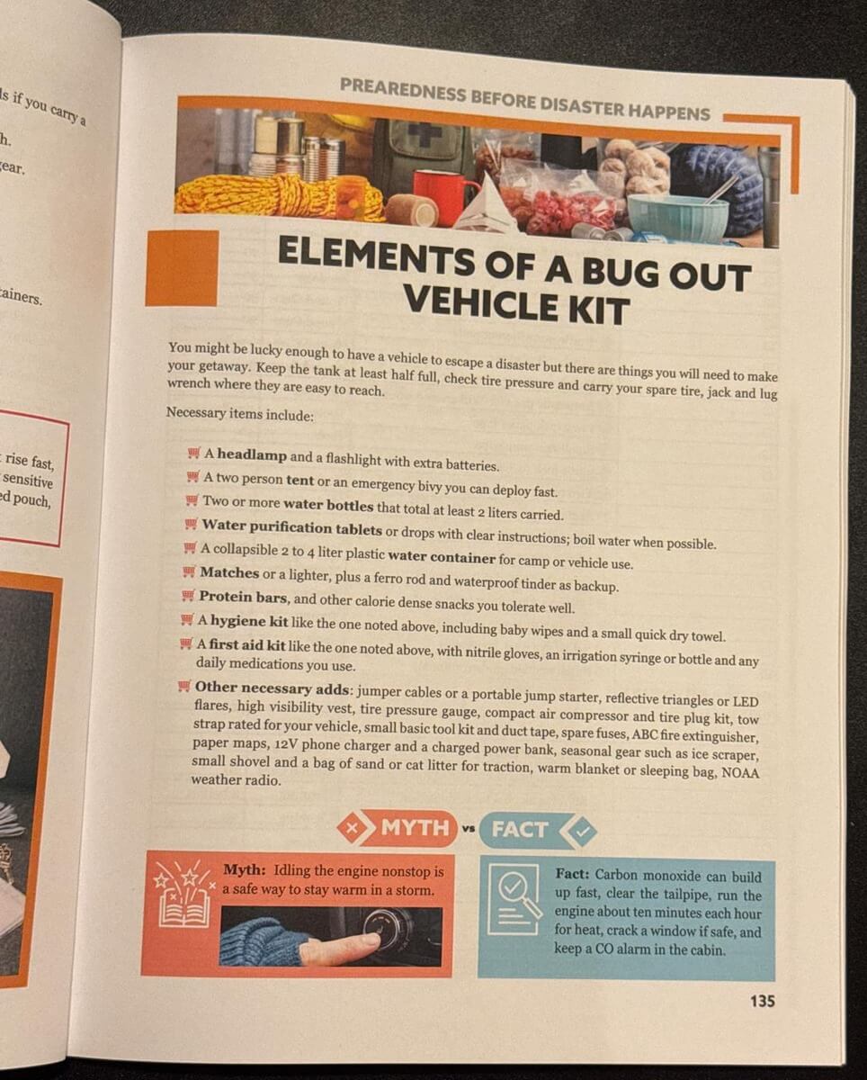 Survival MD bug out vehicle kit list with a Myth vs Fact box about carbon monoxide