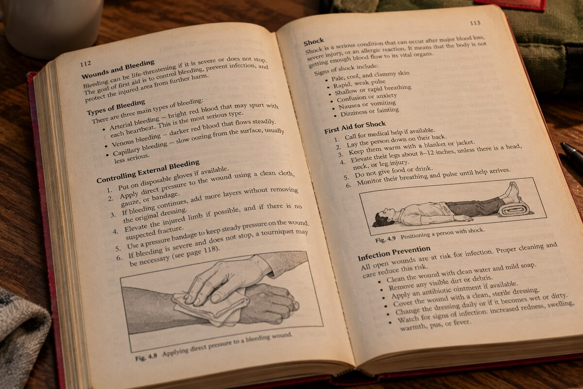 An open traditional first aid book with dense text and instructions to call emergency services