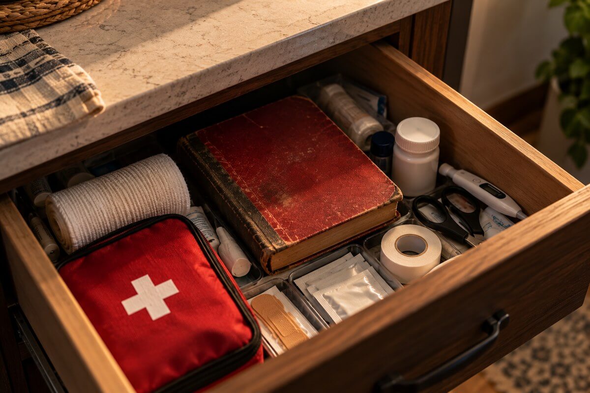 A small traditional first aid manual in a kitchen drawer next to a first aid kit