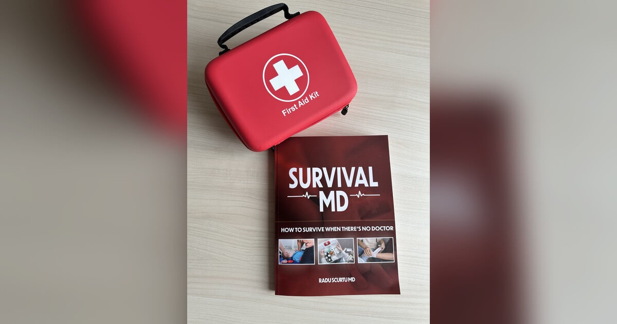 The Survival MD book by Dr. Radu Scurtu next to a red first aid kit