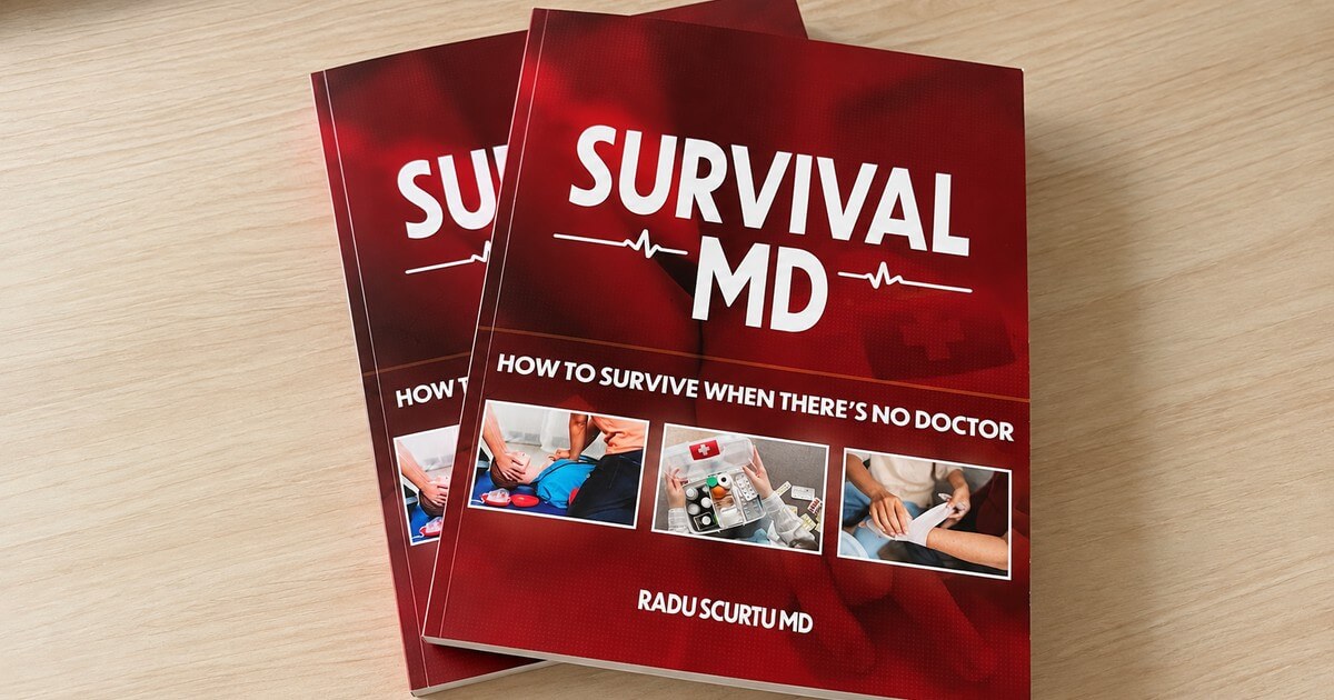 Two printed copies of Survival MD by Dr. Radu Scurtu on a wooden table